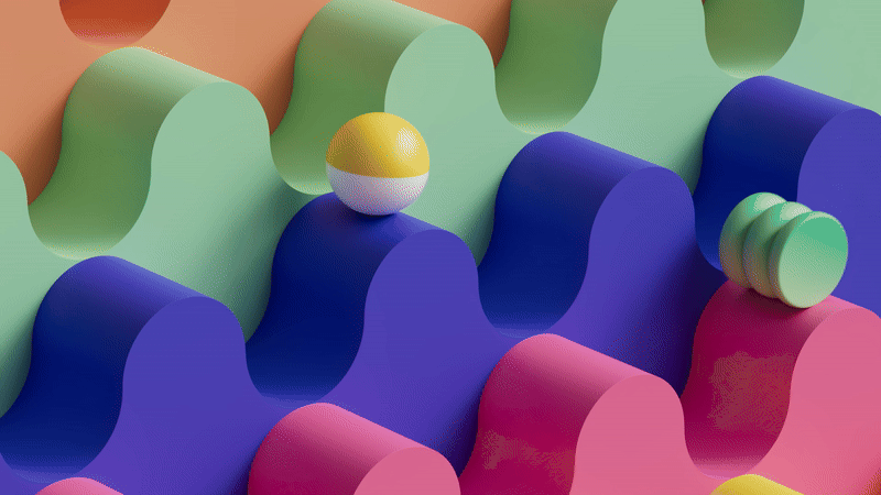 Wavy, multicolored 3D terrain with spherical objects bouncing across soft interlocking ridges in a vibrant abstract environment