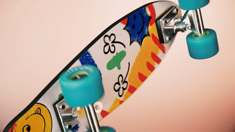 Custom 3D skateboard render with blue deck, 'Skate Wild' text, and playful graphics.