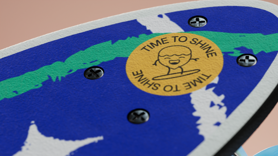 Detail of skateboard grip tape with bold blue and green paint strokes and circular yellow badge reading "TIME TO SHINE" with smiling surf character