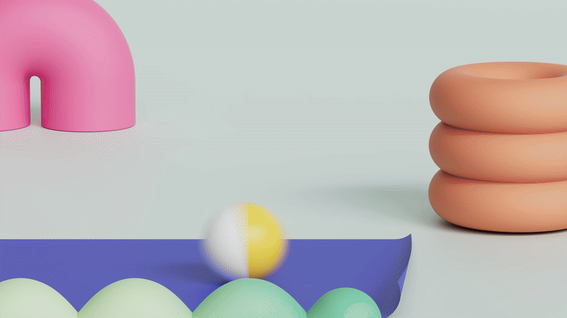 Minimal 3D composition created in Cinema 4D, featuring colorful abstract shapes illuminated by soft lighting and rendered with smooth materials. This visual study examines balance, form, and playful contrast through simplified geometry, developed as part of a match cut animation experiment.