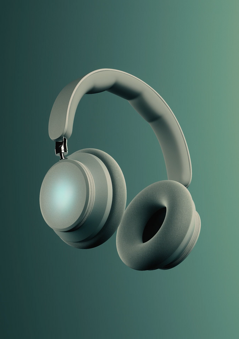 Stylized 3D headphones with glowing teal earcups and minimalistic matte design floating on gradient background