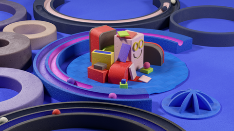 Vibrant toy-like character made from textured 3D shapes with facial features and accessories, set in a blue circular playfield environment