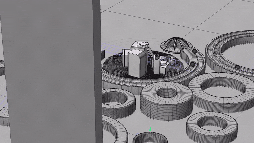 Full 3D wireframe environment with layered circular structures and cartoon-like character model in a digital scene build phase