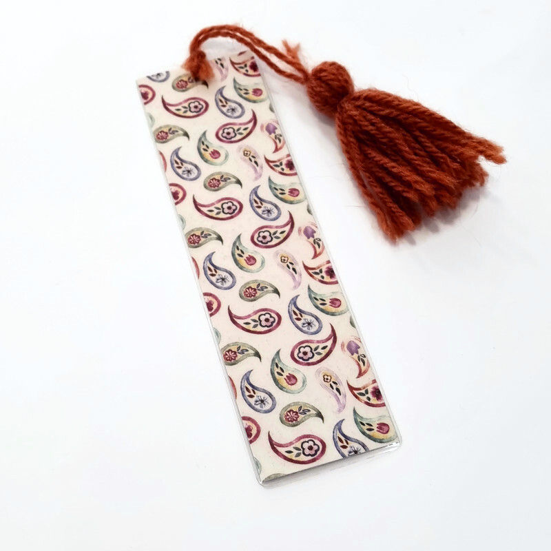 Miniature : marque-page motif cachemire + pompon marron