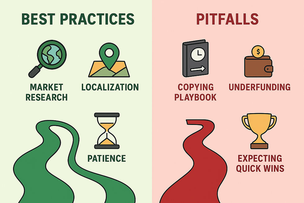 “Do’s vs Don’ts” Split Illustration Left side: Green pathway with “Best Practices” (e.g., market research, localization, patience). Right side: Red pathway with “Pitfalls” showing the three mistakes with icons.
