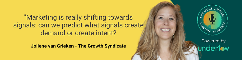 Jolien van Grieken on a yellow background with text about marketing signals. Logo for The Multilingual Content Podcast by Undertow is visible.
