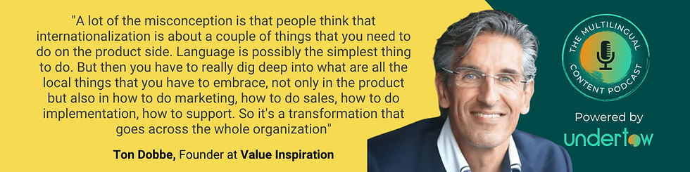 Banner of The multilingual content podcast, with a quote from Ton Dobbe