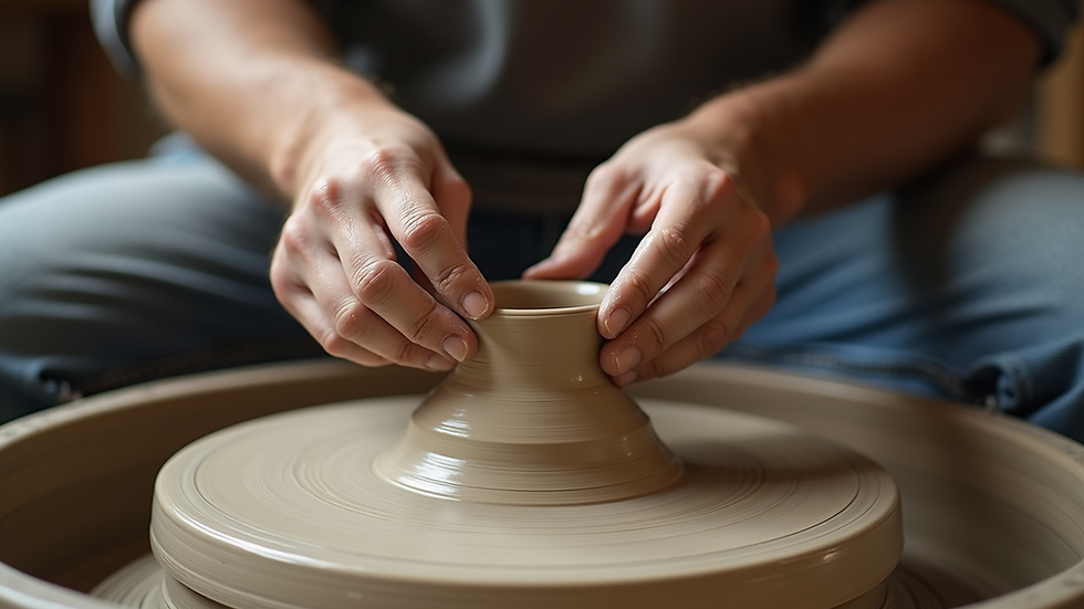 Close-up view of hands shaping clay on a pottery wheel
