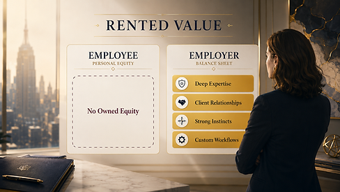 A professional viewing a comparison showing that deep expertise, client relationships, strong instincts, and custom workflows remain with the employer while the employee owns little professional equity.
