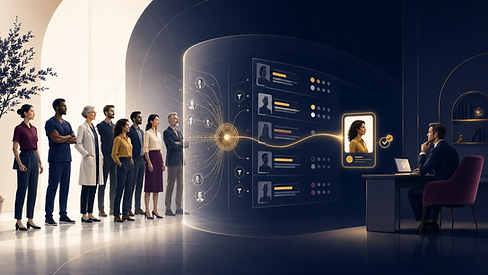 AI evaluating a diverse group of professionals and recommending one before a human decision-maker becomes involved.