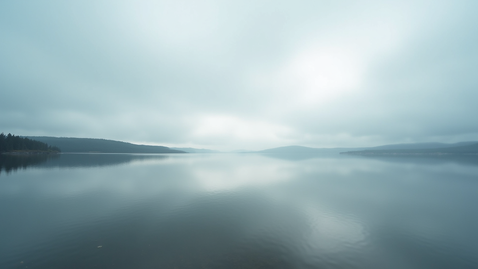 Eye-level view of a calm lake reflecting a cloudy sky