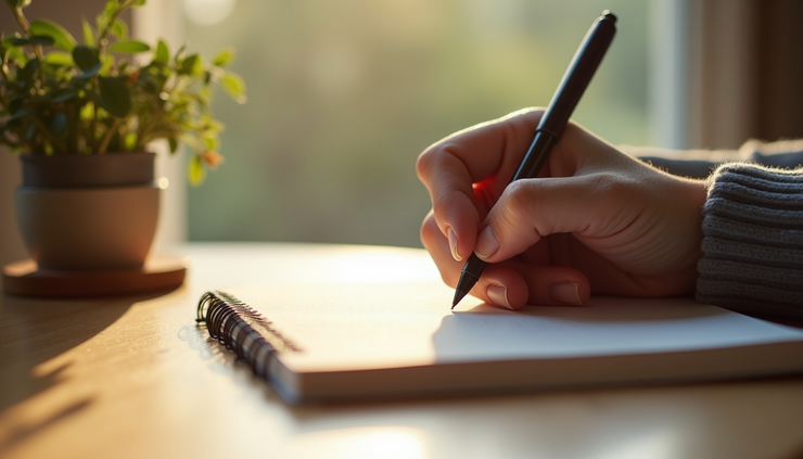Close-up view of a hand writing in a journal with soft natural light