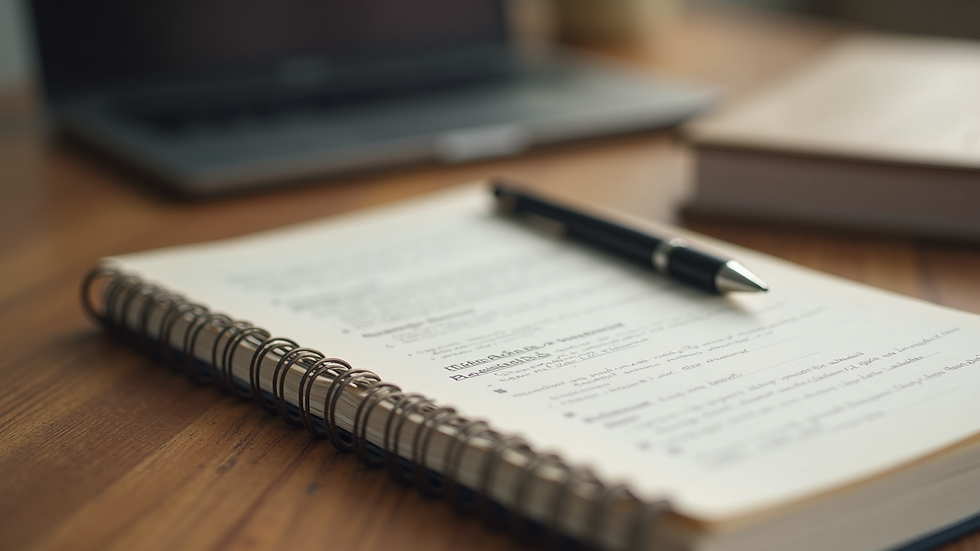 Close-up view of a journal and pen on a wooden desk, symbolizing reflection and planning