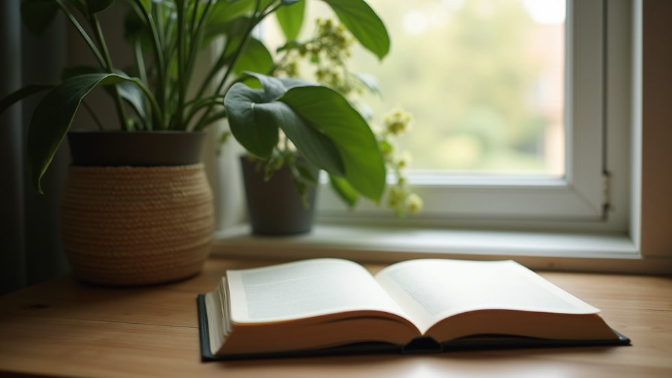 Close-up view of a cozy corner with a plant and a journal