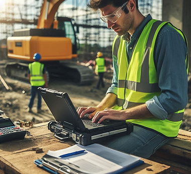 A construction engineer in a dayglo vest with a ruggedized laptop like a Panasonic Toughbo