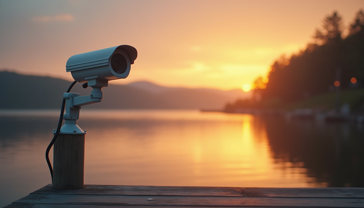 Eye-level view of a dock security camera mounted overlooking a calm lake at sunset