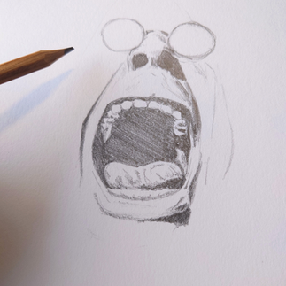 Work in progress picture of a pencil sketch of a person (Ozzy Osbourne) in round sunglasses screaming with hands on their head against a white background