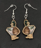Pair of wooden earrings on a black background. The earrings are cut-out images of a watercolour painting of a mallard drake.