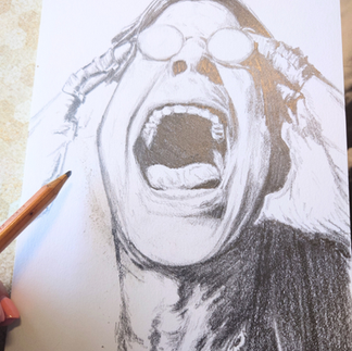 Work in progress picture of a pencil sketch of a person (Ozzy Osbourne) in round sunglasses screaming with hands on their head against a white background