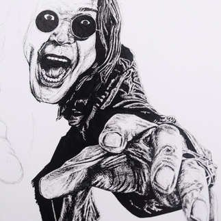 Work in progress photo of a black-and-white drawing of Ozzy Osbourne screaming. Ozzy is wearing round sunglasses and reaching toward the viewer, hair flying and hands outstretched.
