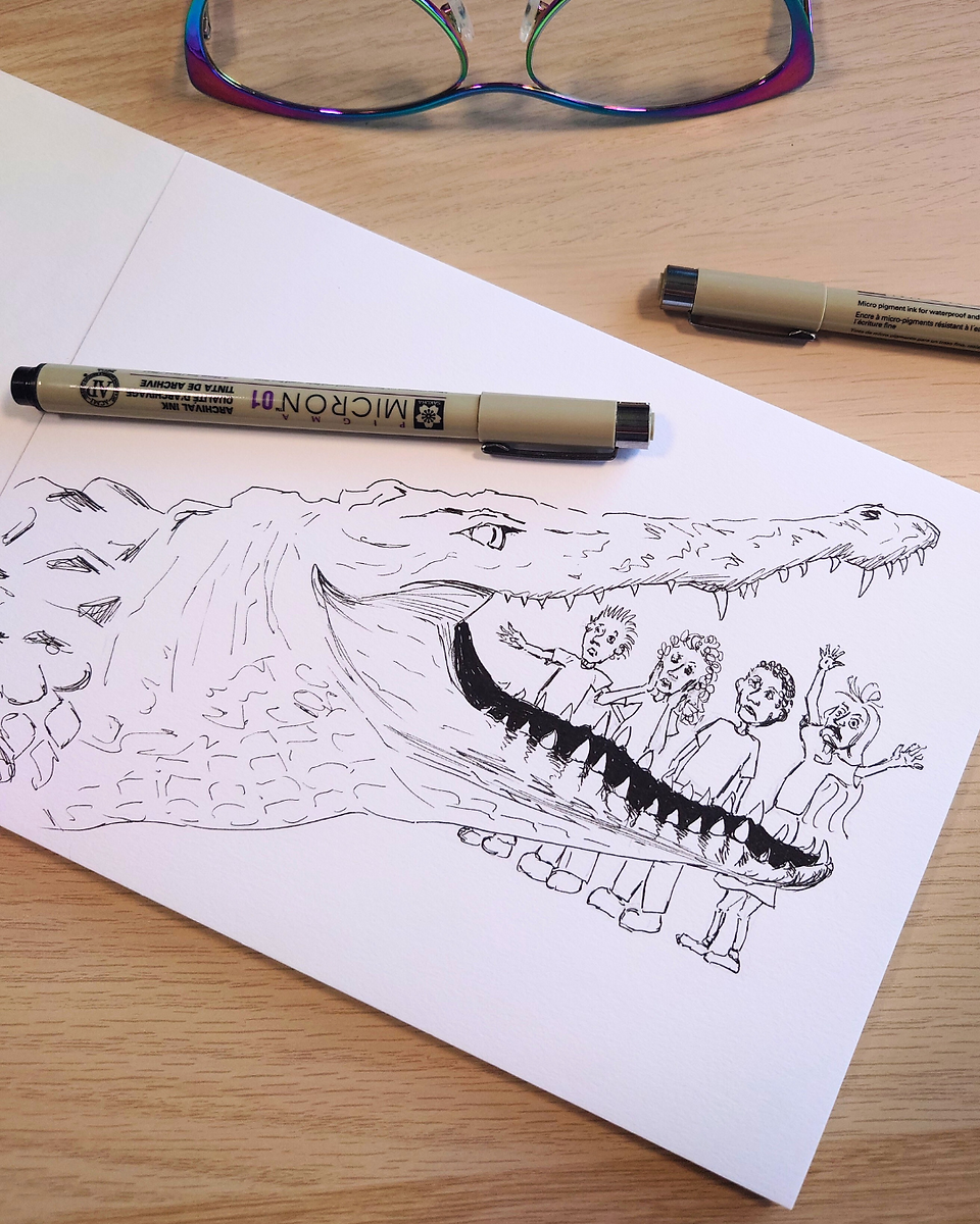 A fan art sketch of the children and crocodile from the story book The Enormous Crocodile.