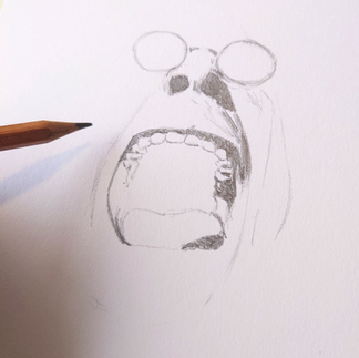 Work in progress picture of a pencil sketch of a person (Ozzy Osbourne) in round sunglasses screaming with hands on their head against a white background