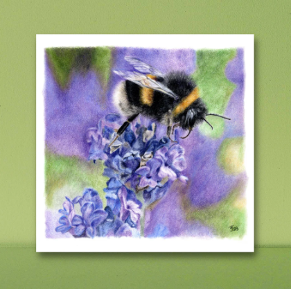 A bee lands on vibrant purple flowers, set against a blurred green and purple background, creating a peaceful, natural scene.