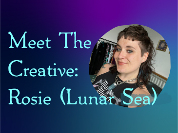 A smiling woman with short brown hair wearing a black top and a chunky chain necklace. Text overlay reads "Meet the creative - Rosie (Lunar Sea)