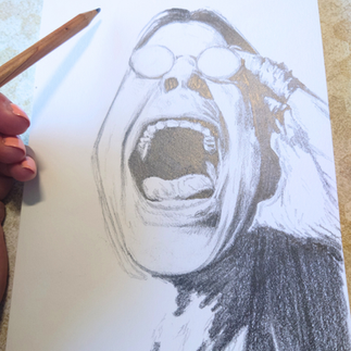 Work in progress picture of a pencil sketch of a person (Ozzy Osbourne) in round sunglasses screaming with hands on their head against a white background
