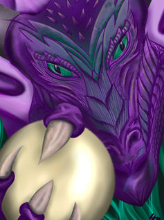 The face of a purple dragon with green eyes. 
At the front of the image the dragon's claws grip a large pearl.