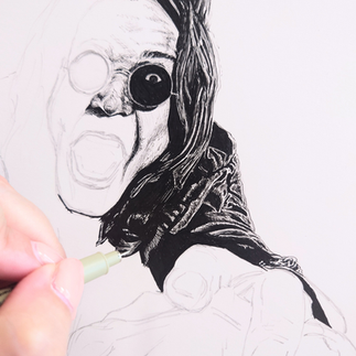 Work in progress photo of a black-and-white drawing of Ozzy Osbourne screaming. Ozzy is wearing round sunglasses and reaching toward the viewer, hair flying and hands outstretched.