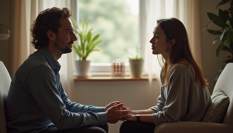 Eye-level view of a person sitting with a notebook and pen in a quiet room