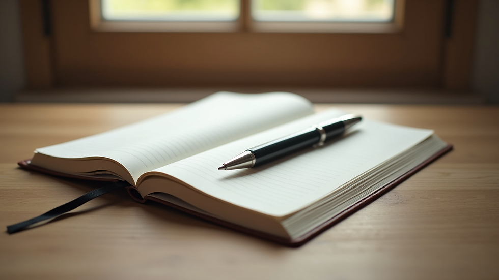 Close-up view of a journal and pen on a wooden table, symbolizing reflection and healing