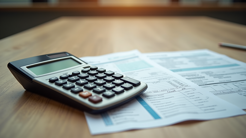 High angle view of a calculator and tax forms on a wooden table
