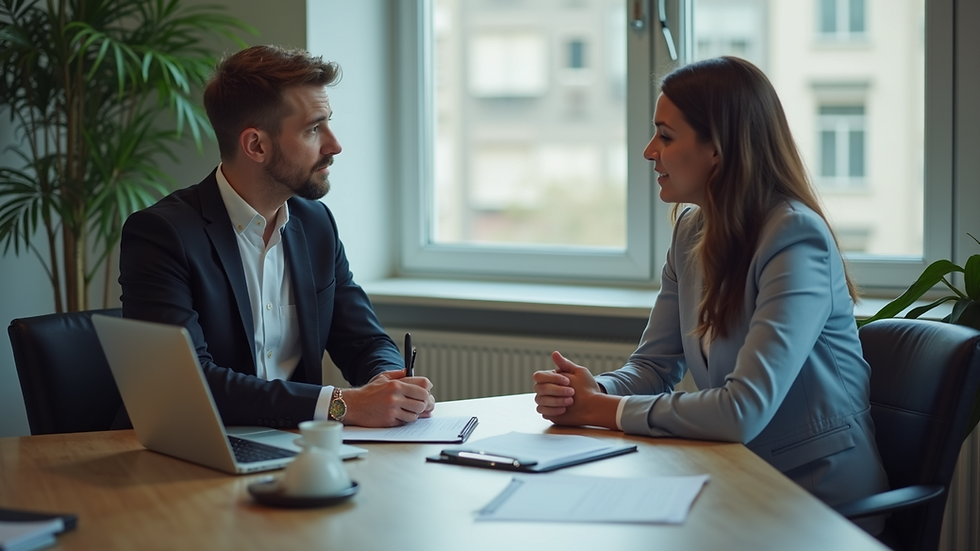 Eye-level view of a tax professional advising a client in an office