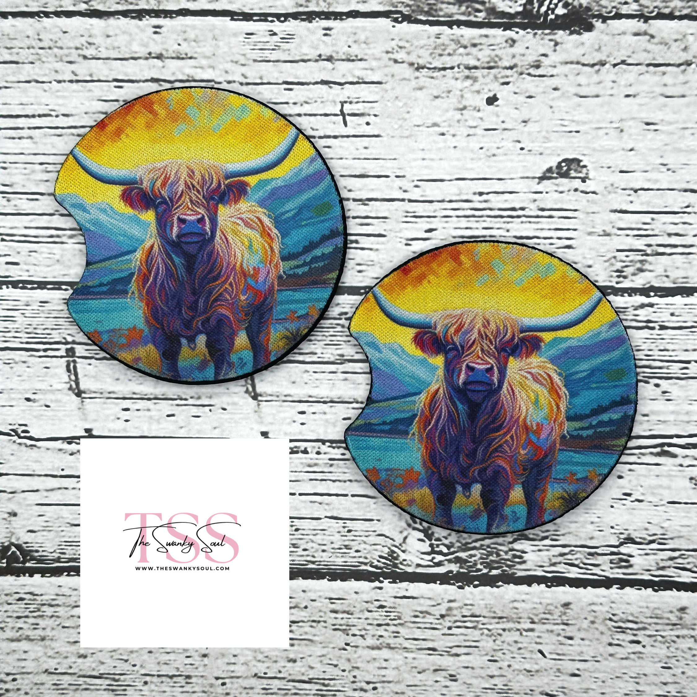 Colorful Highland Cow Car Coasters - Set of 2
