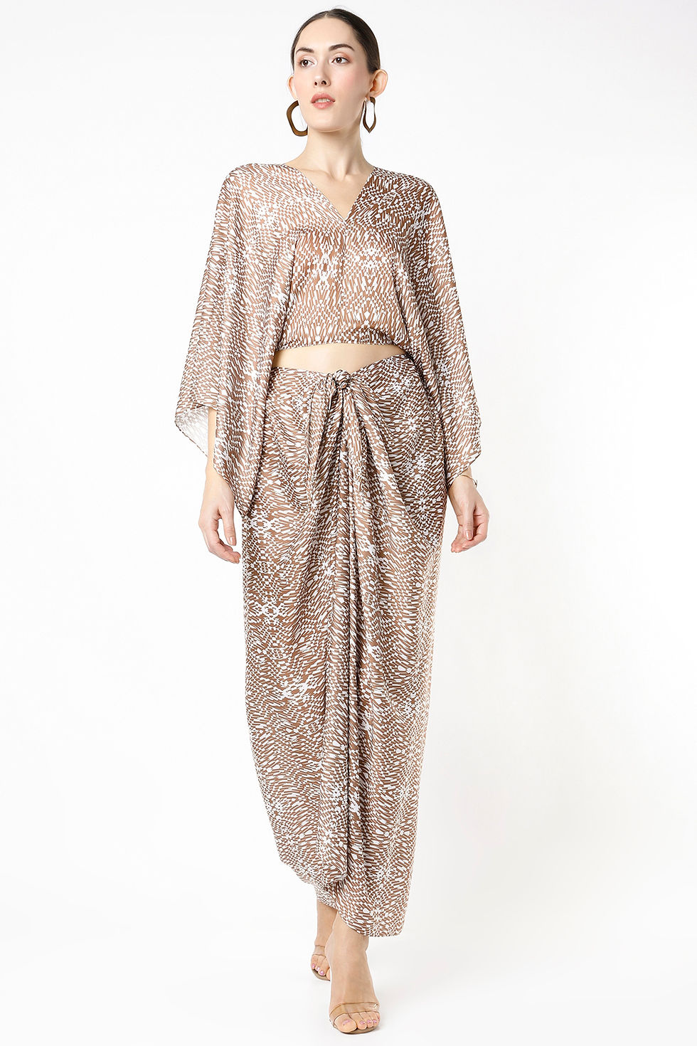 Nude & White Print Crop Top & Skirt Set