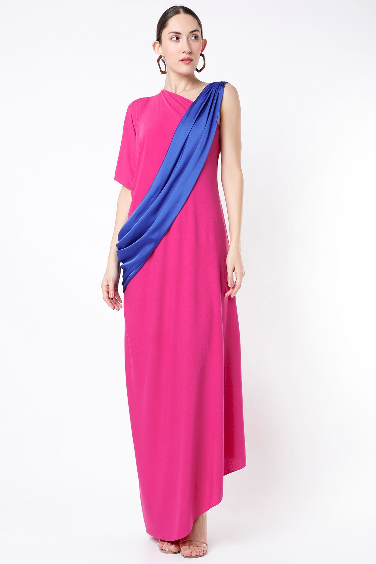 Hot Pink One Shoulder Draped Dress With Contrasting Sash