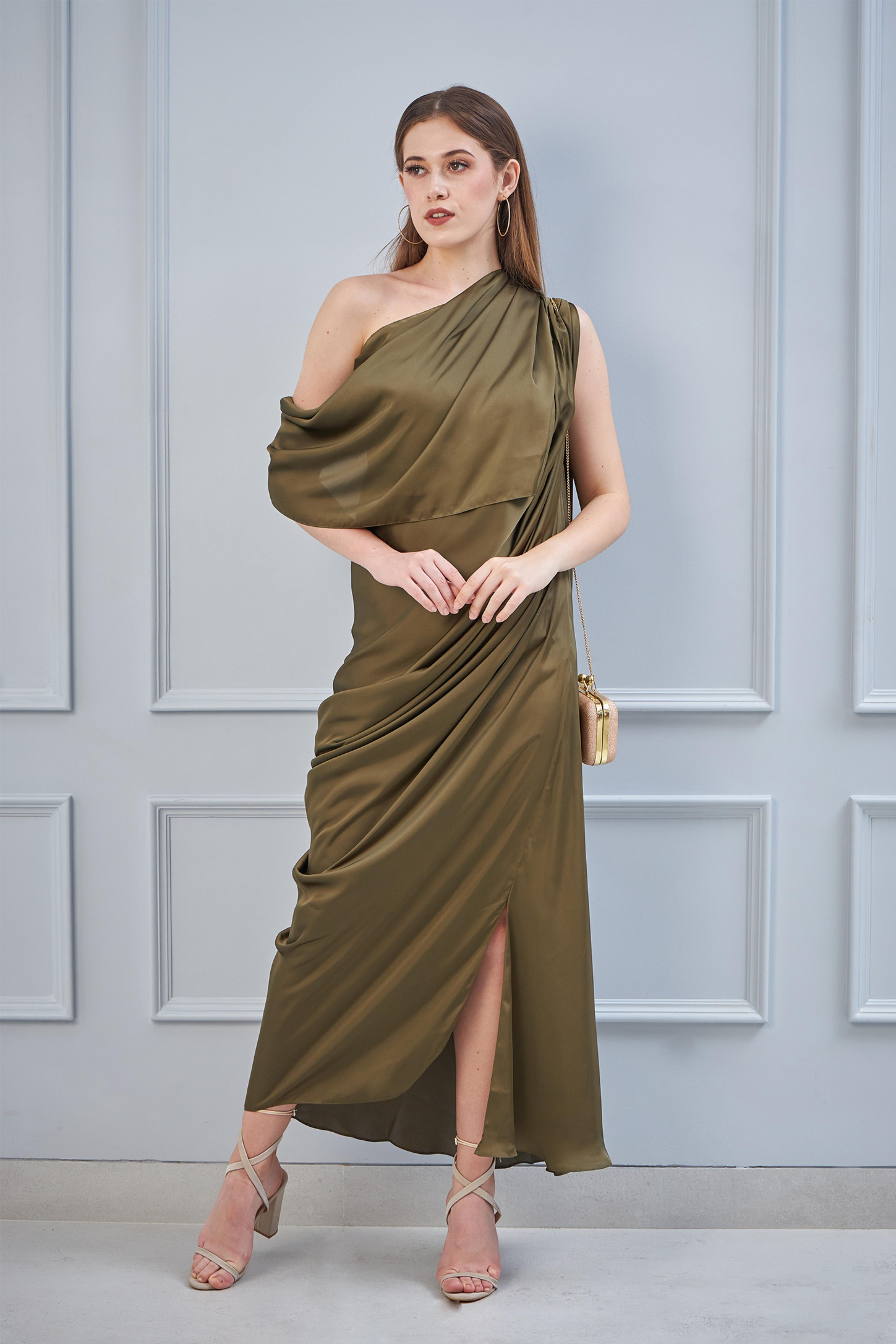 Moss Green Draped Gown With Asymmetric Scarf