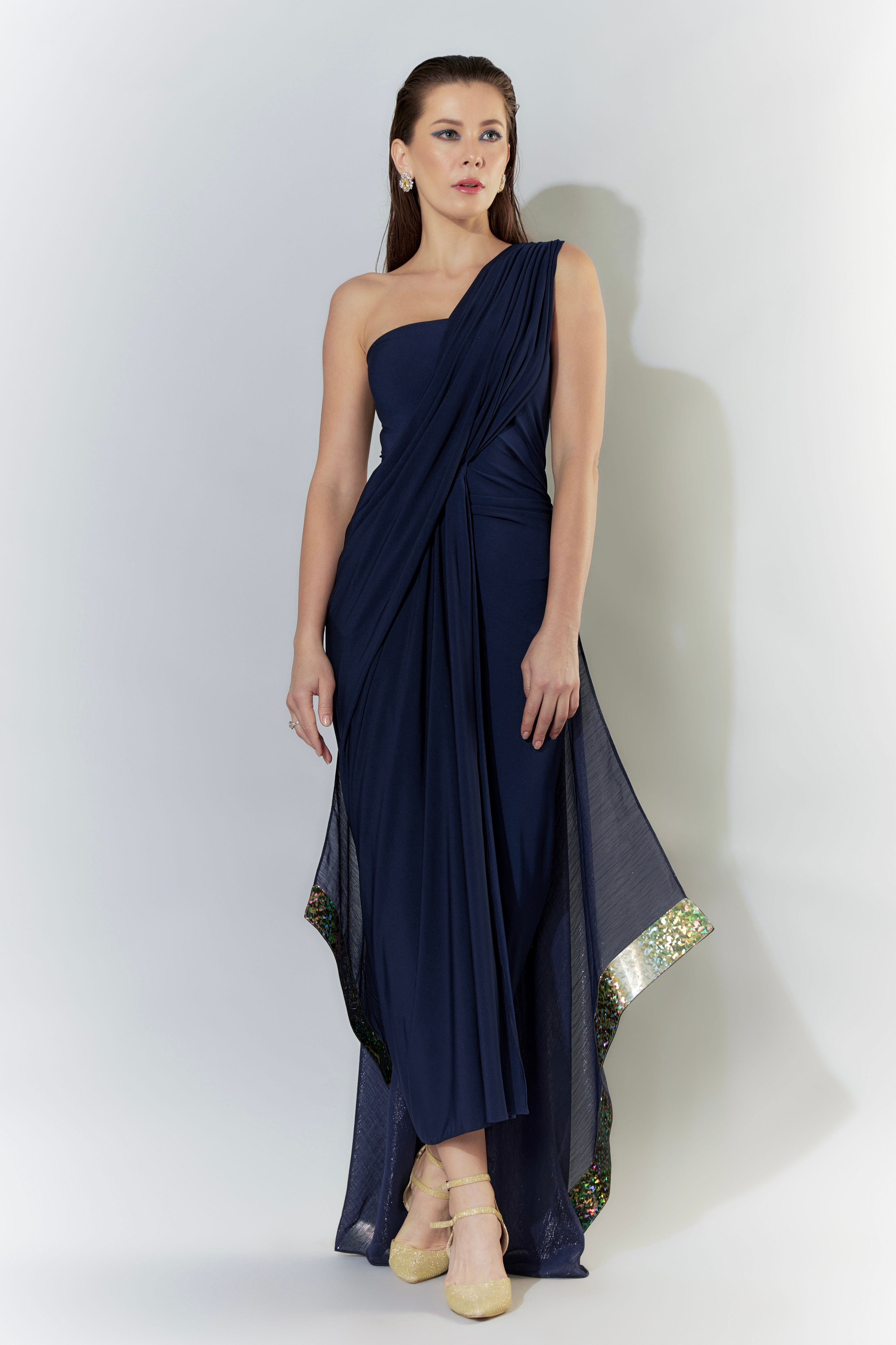 One Shoulder Gown With Cascading Gold Panel Fall