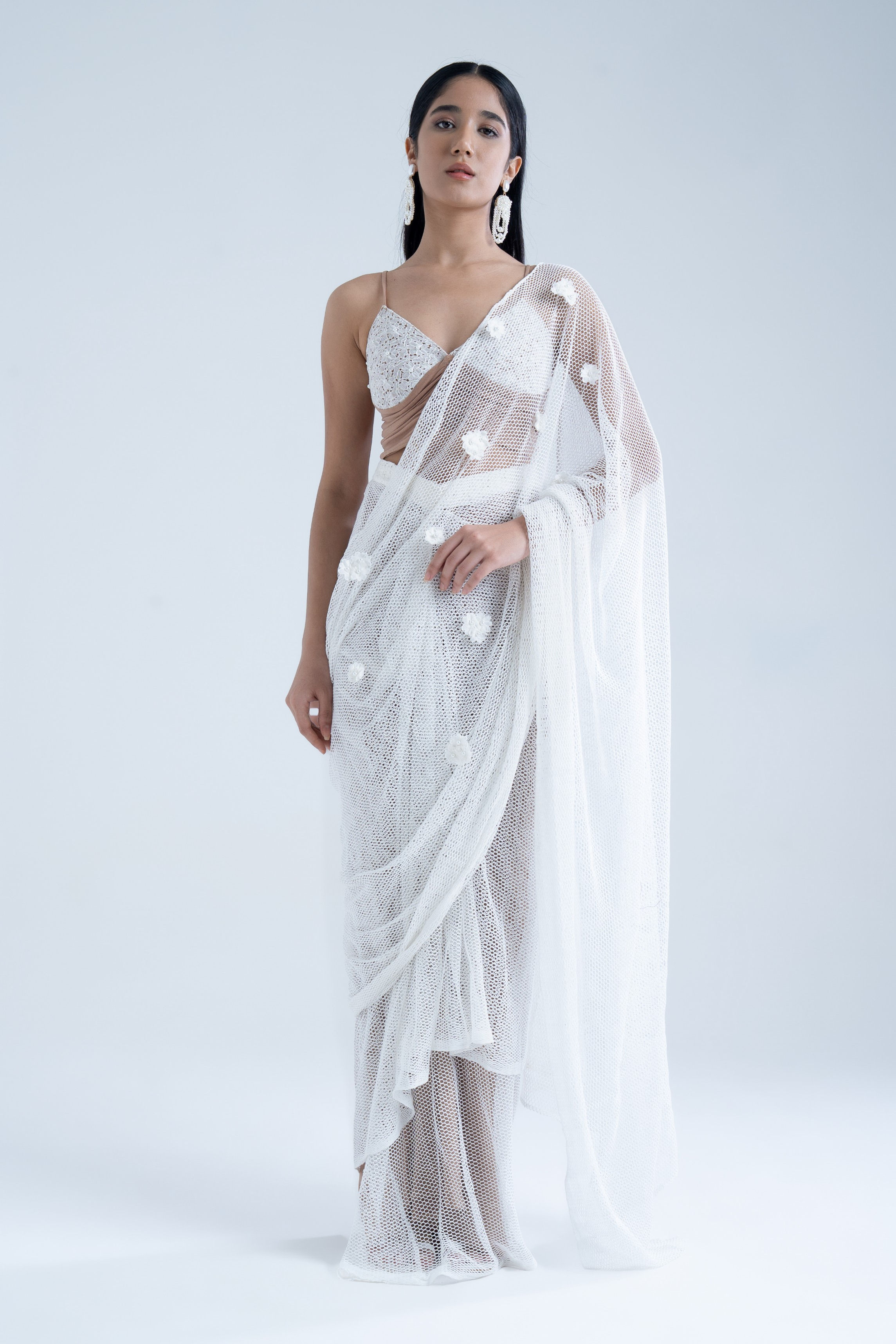 Elegant White & Tan Draped Saree Three-Piece Set