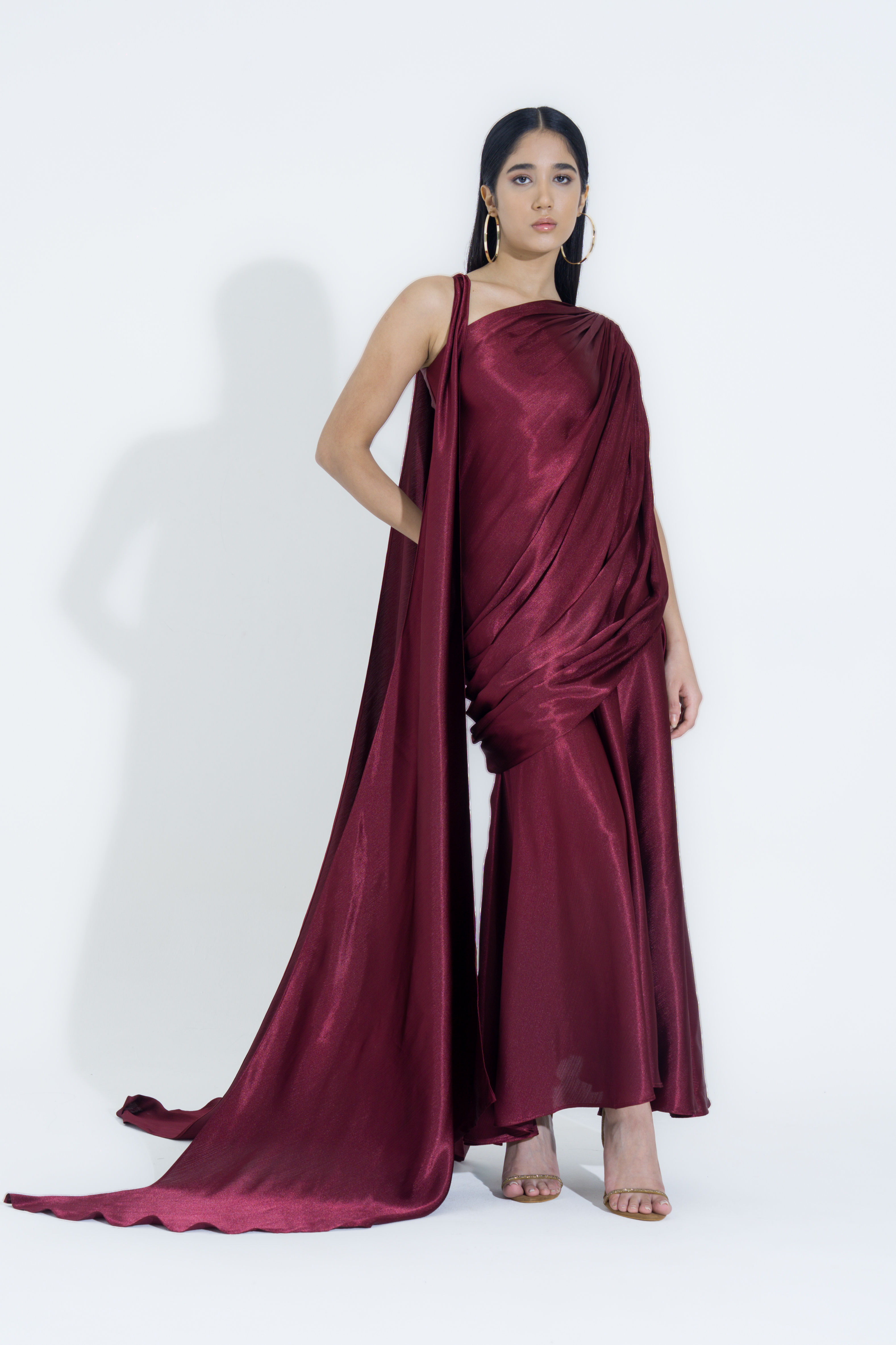 One Shoulder Maroon Silk Set with Bias Skirt & Sash Detail.