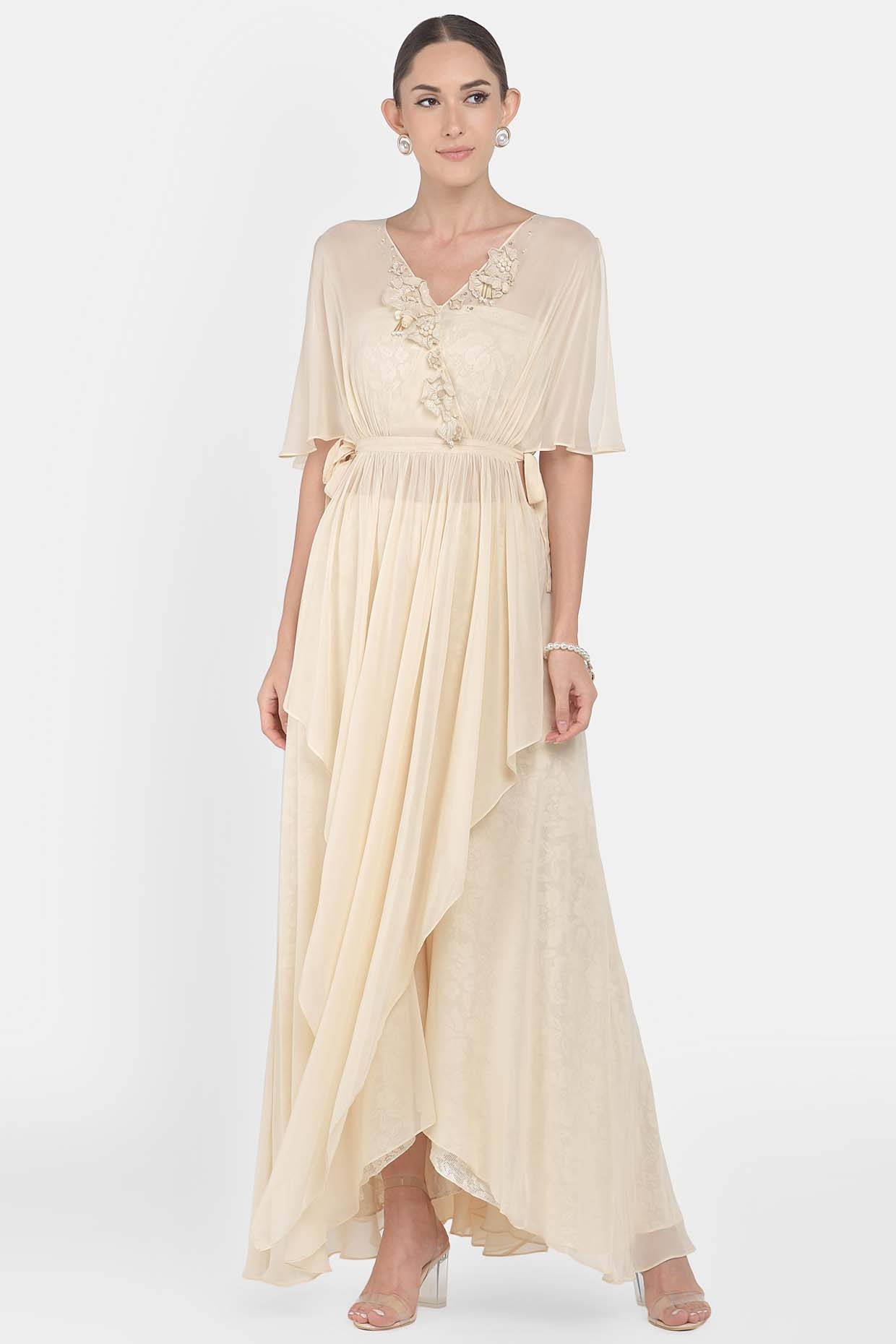 Beige Draped Tunic With Embroidery & Flared Pants