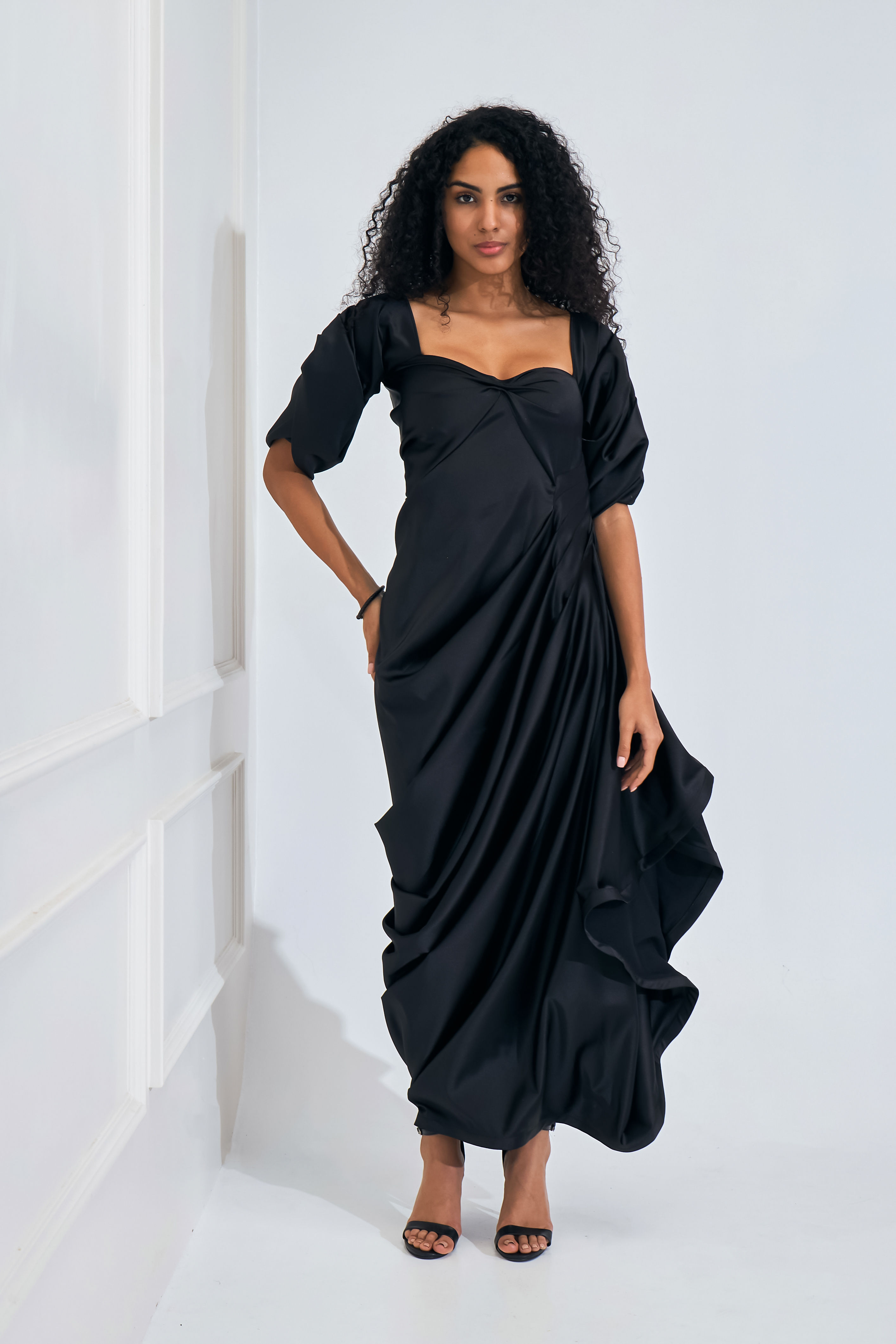 Sweetheart Neck Cowl Gown With High Low Hem