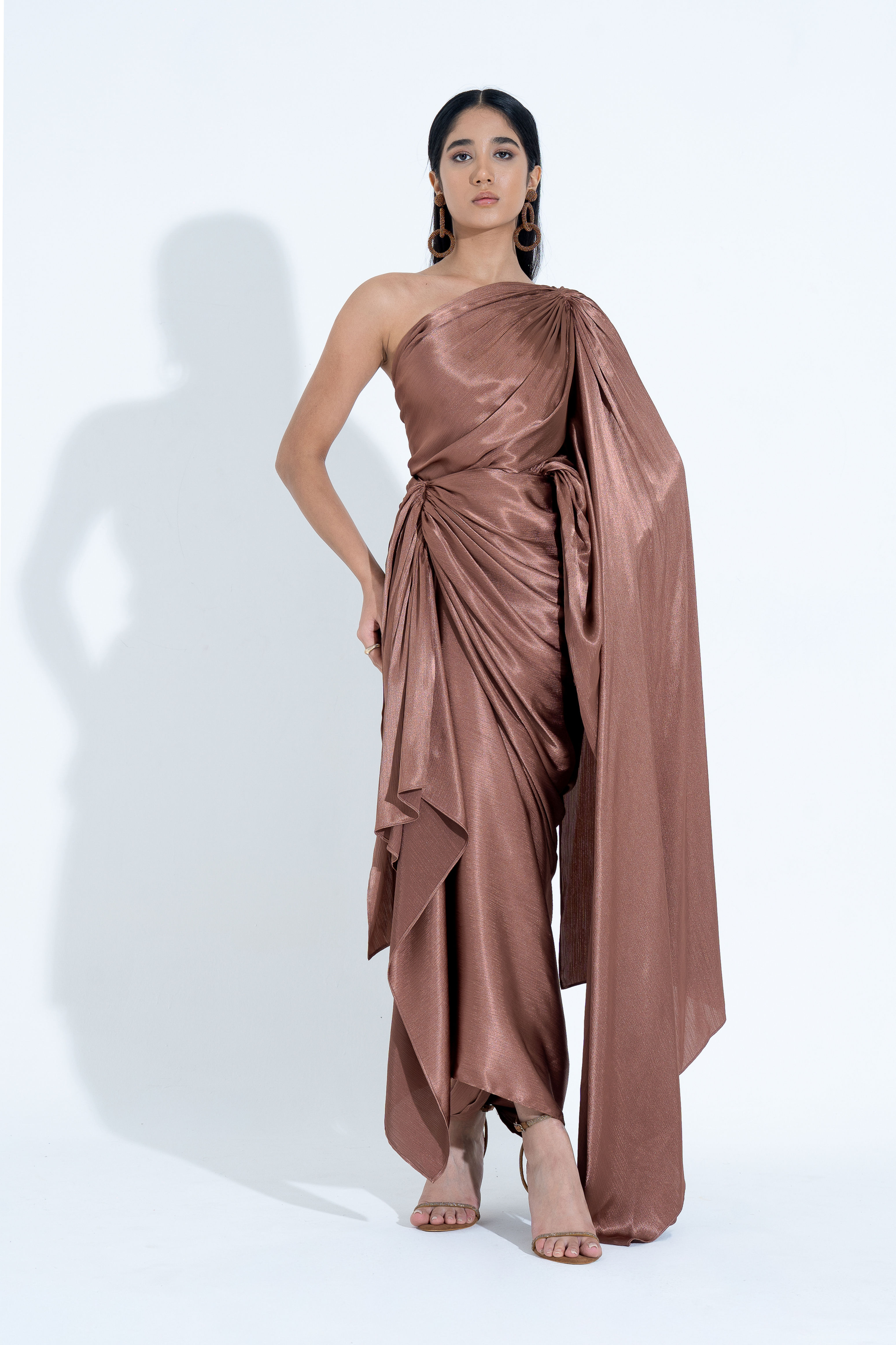 Brown Sculpted Silk Gown with Cinched Waist Detail