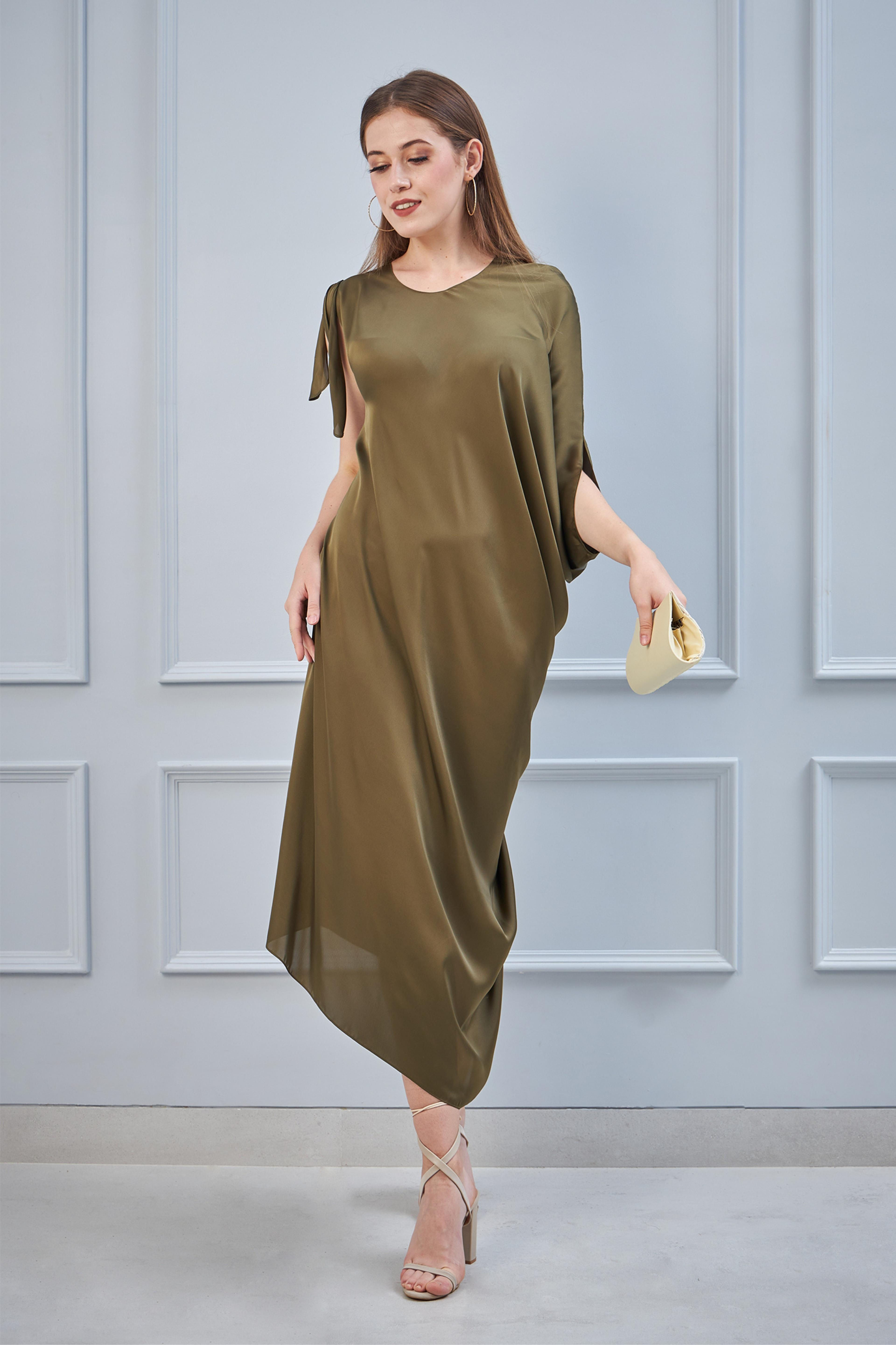 Moss Green U Neck Draped Dress