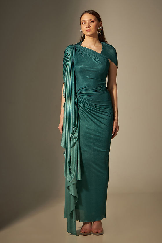 Festive Designer Gowns - Label Naina Seth: Shaded Green Drape Gown