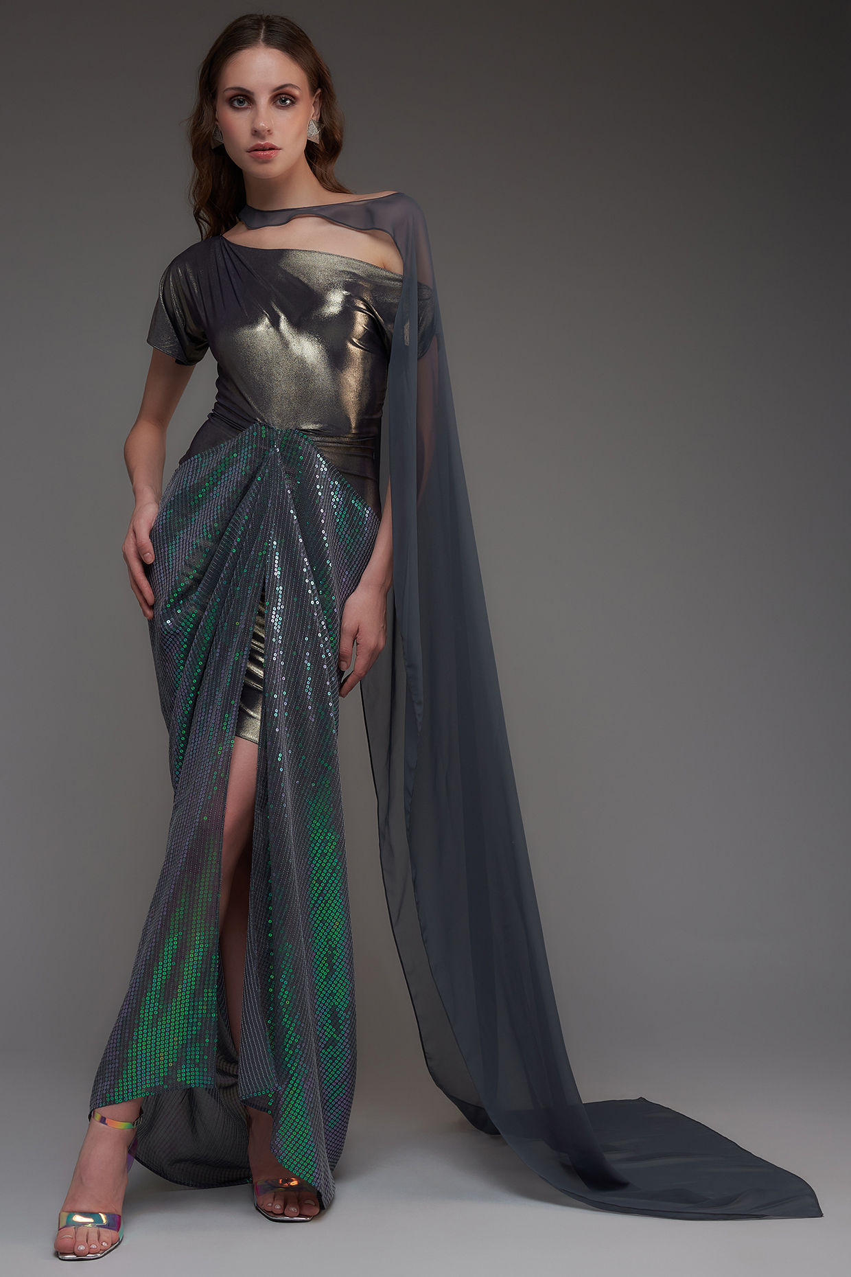Distinctive Gown With Cascading One Shoulder Cape