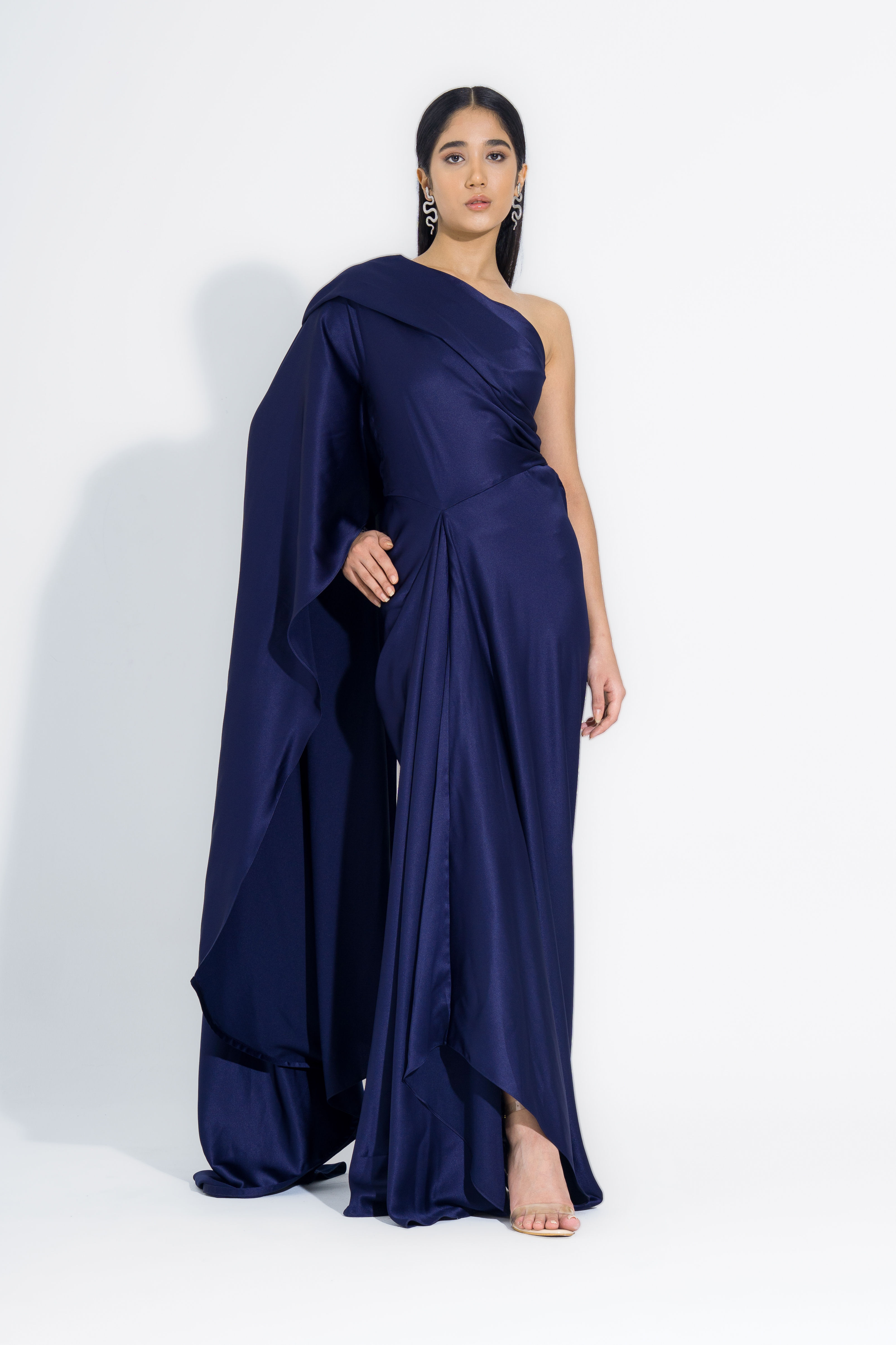 Navy Blue Satin Gown with Cowl Draping & High Low Hem