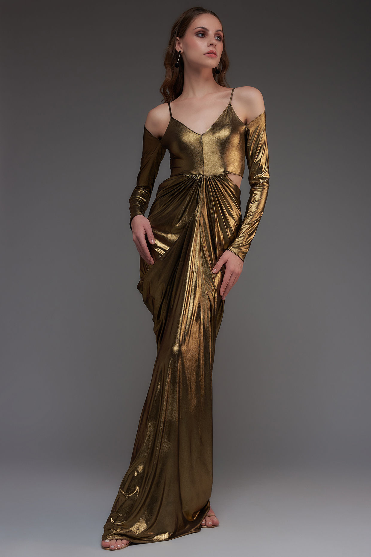 Draped Gown With Dropped Shoulder Sleeves